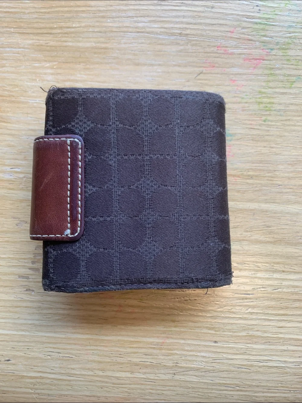 Rare Vintage Kate Spade Brown Canvas Geometric Wallet w Leather Snap Tap AS IS